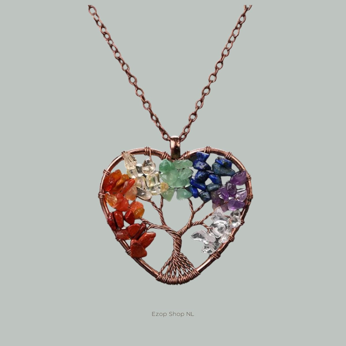 Hartvormige Boom des Levens Ketting met 7 Chakra Stenen