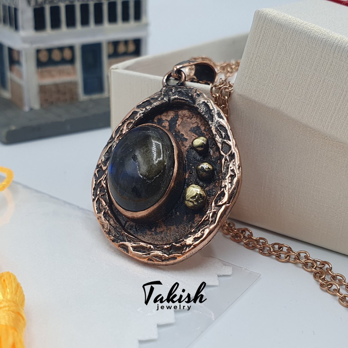 Natuursteen Oog Hanger Ketting - Handgemaakt met Koper en Bronzen Kralen