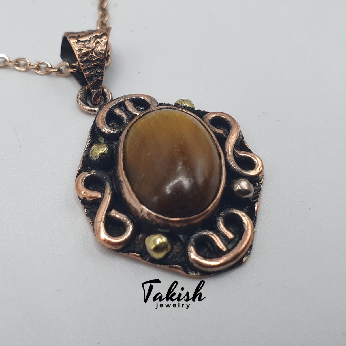 Elegantie Puur Koperen Ketting met Ovale Tijgeroogsteen Hanger, 50cm Ketting, 3.5cm Diameter, Handgemaakt, Geometrisch, Bruin, 10g Lichtgewicht, 6mm Dik, 2.5cm Breed, Uniek Ontwerp