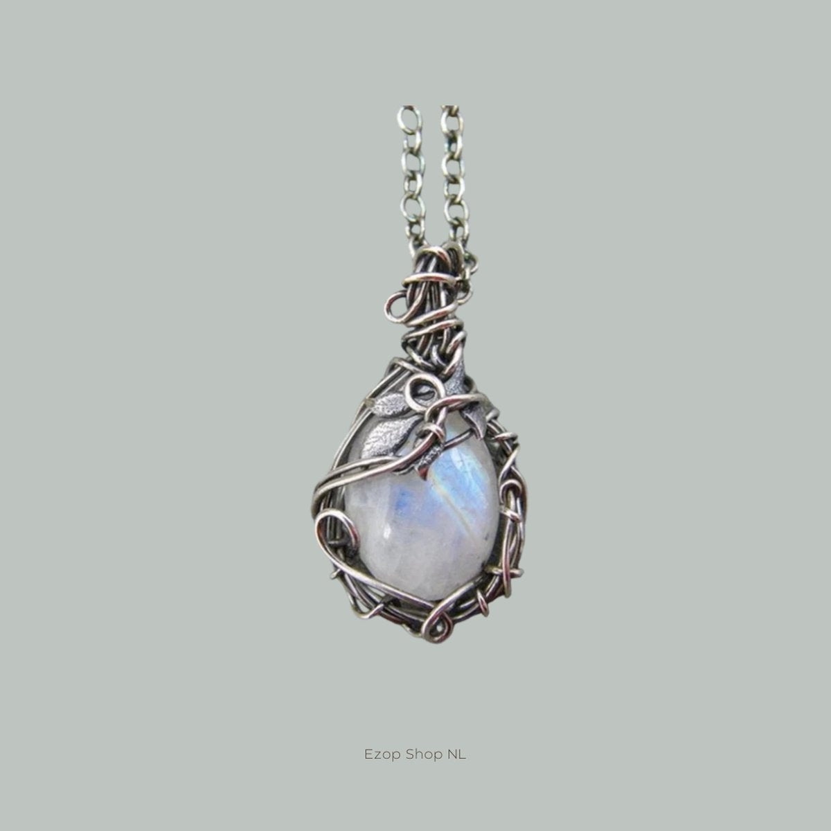 Elegante Maanlicht Stenen Ketting voor Dames - Zilverkleurige Vintage Hanger, 7g, 3cm Lang, Natuursteen Ingelegd, Hypoallergeen, Geschikt voor Feest en Dagelijks Gebruik - Takish Jewelry