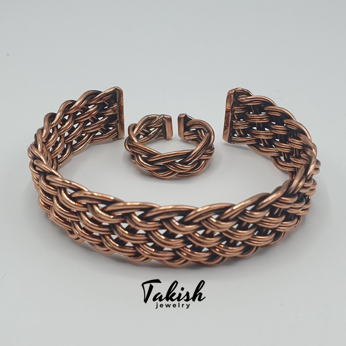 Handgemaakte Koperen Armband en Ring Set met Keltische Knoop, Verstelbaar, Roodachtig Bruin, 18cm 7.6cm, 1mm Dikte, 7cm 2.2cm Breed, 37g 6g