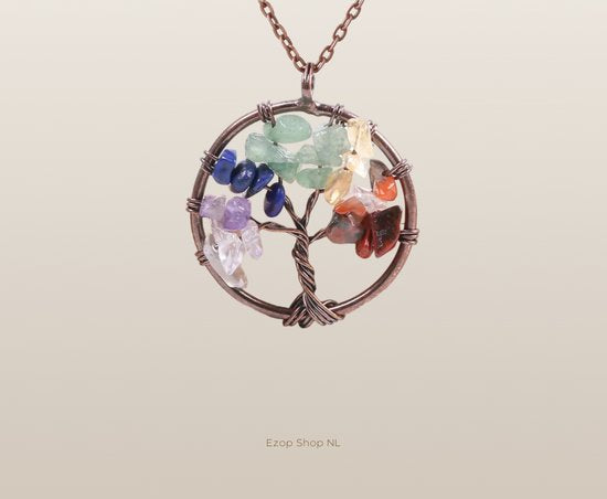Antiek Koperkleurige 7 Chakra Reiki Boom van Leven Hanger met Natuursteen Kralen