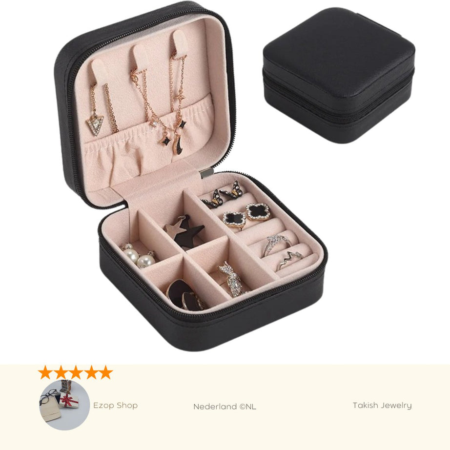 Zwart Takish Juwelenkoffer - Luxe Reisformaat Lederen Opbergoplossing voor Sieraden, 10x10x5 cm