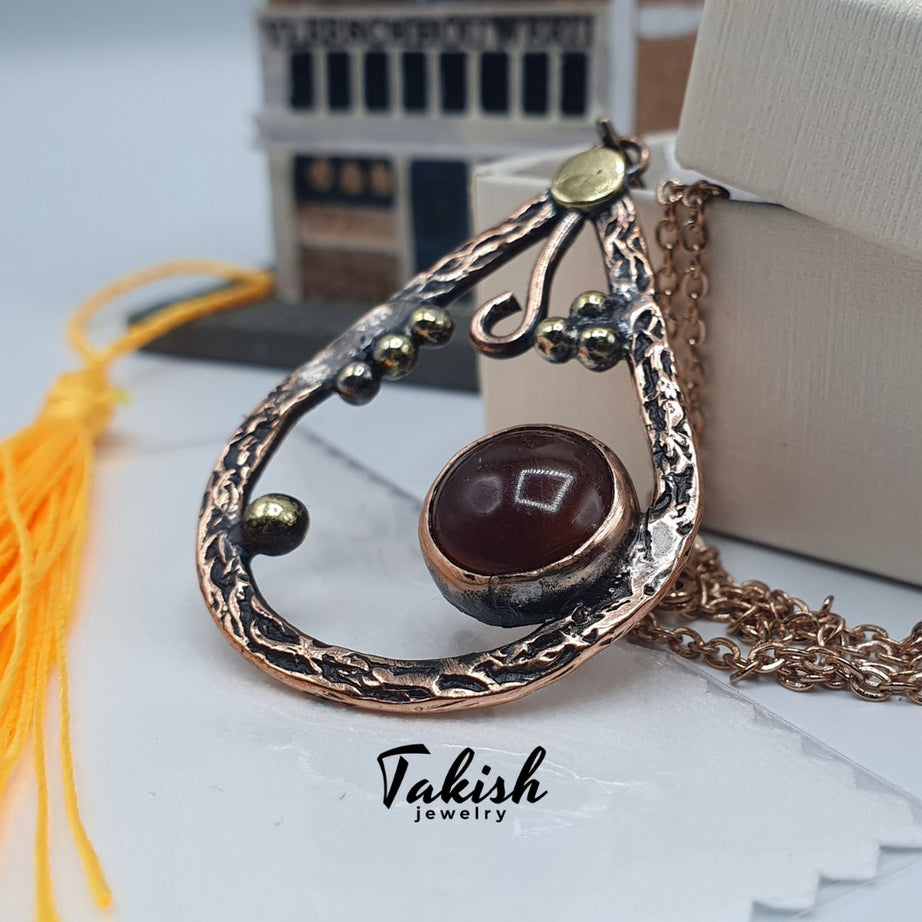 Handgemaakte Natuurlijk Koperen Ketting met Agaat bordeauxrood - Unieke Design - 50cm Lengte - 10g Gewicht - Prachtige Details