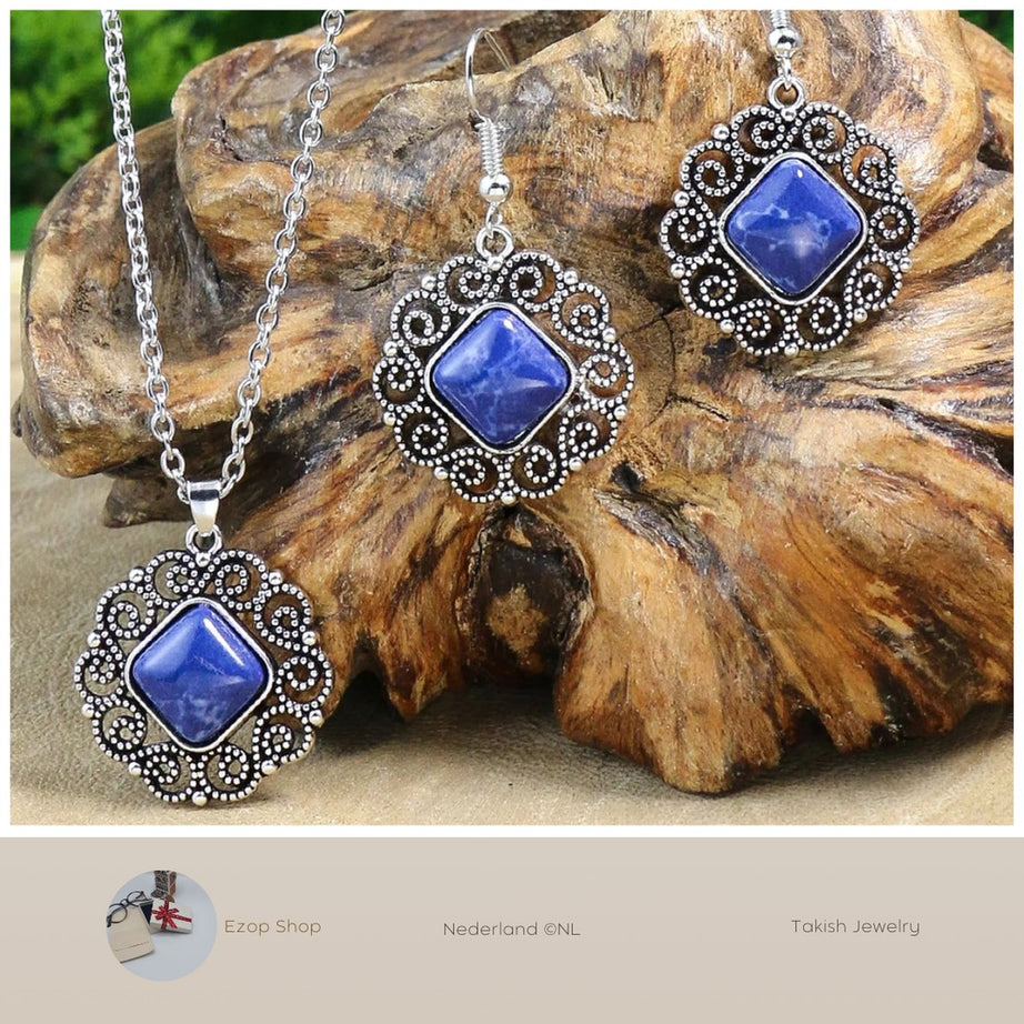 Simple 3-delige Sieradenset - Geometrische Lapis Lazuli Ingelegd in Charmante Zilverkleurige Sieraden