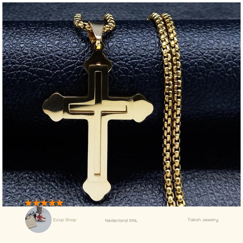 RVS Ketting Hanger JESUS CROSS - Gouden Kleur, Trendy Unisex Sieraad, 60cm Schakelketting, Feest & Jubileum Gift, Mode Accessoire voor Mannen & Vrouwen, Christelijke Religieuze Lijn