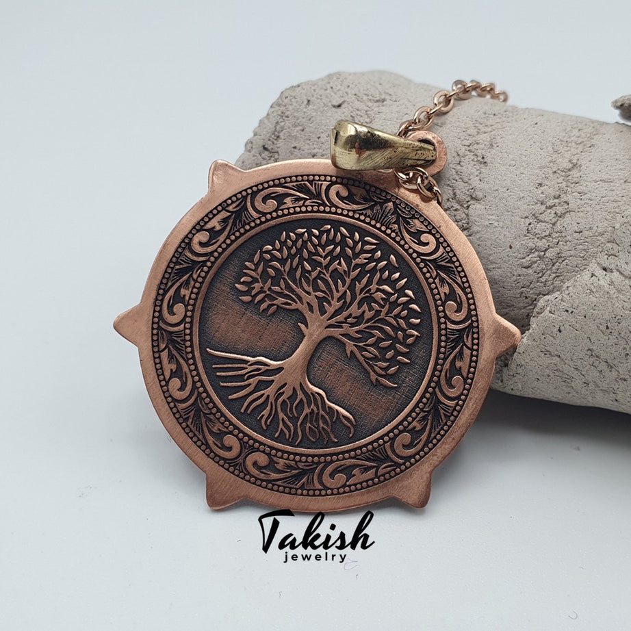 Mythische Levensboom & Lotus Hanger Ketting, 50cm, Puur Natuurlijk Koper, Dubbelzijdig Design, Lichtgewicht 7g