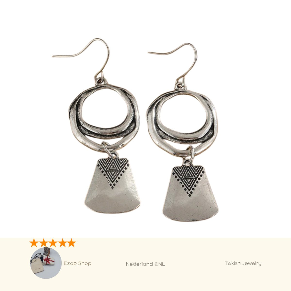 Trendy Etnische Zilverkleurige Oorhangers met Vintage Ronde Patronen en Vierkante Gravures voor Vrouwen - Takish Vintage