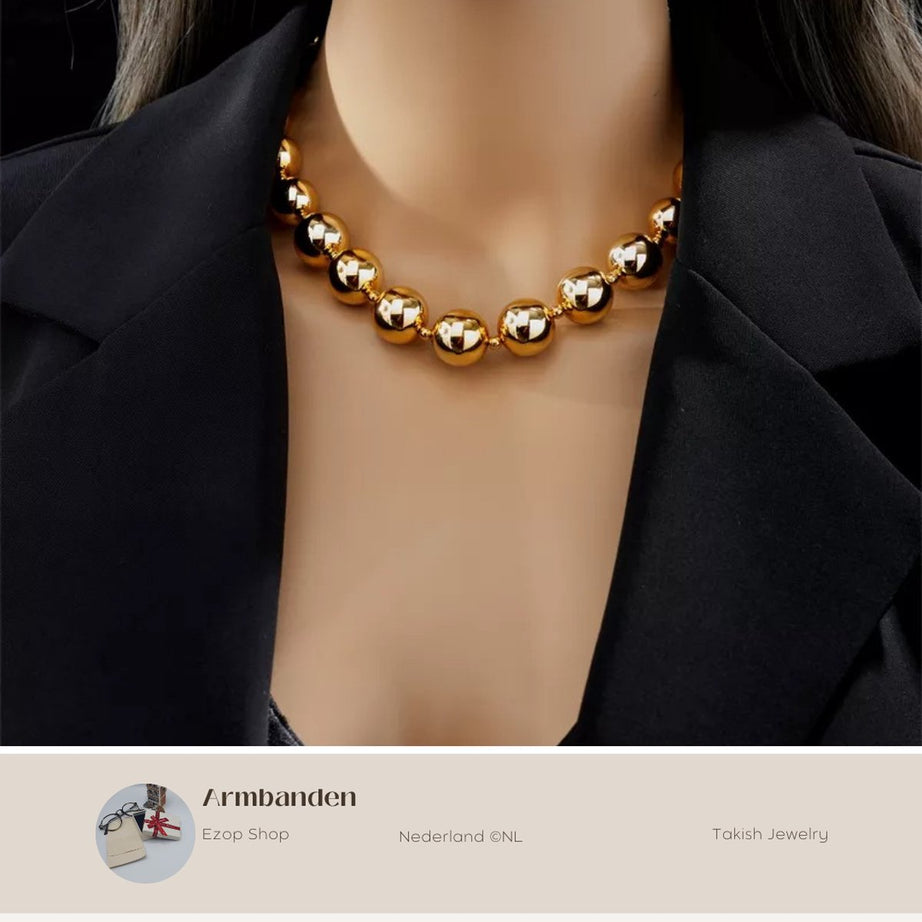 Takish Juwelen Roestvrijstalen Choker Ketting met Gouden Bal Hanger - 45cm