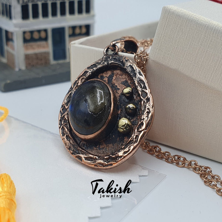 Natuursteen Oog Hanger Ketting - Handgemaakt met Koper en Bronzen Kralen