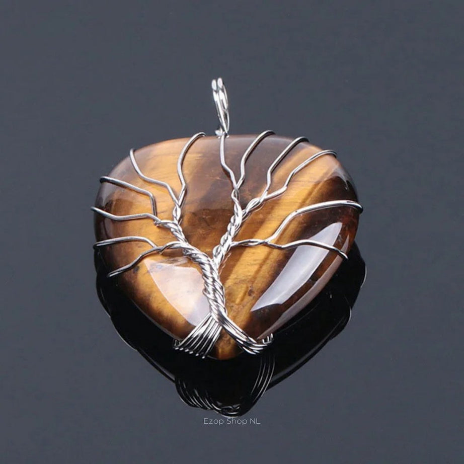 Handgemaakte Tiger Eye Tree of Life Hartvormige Hanger Ketting