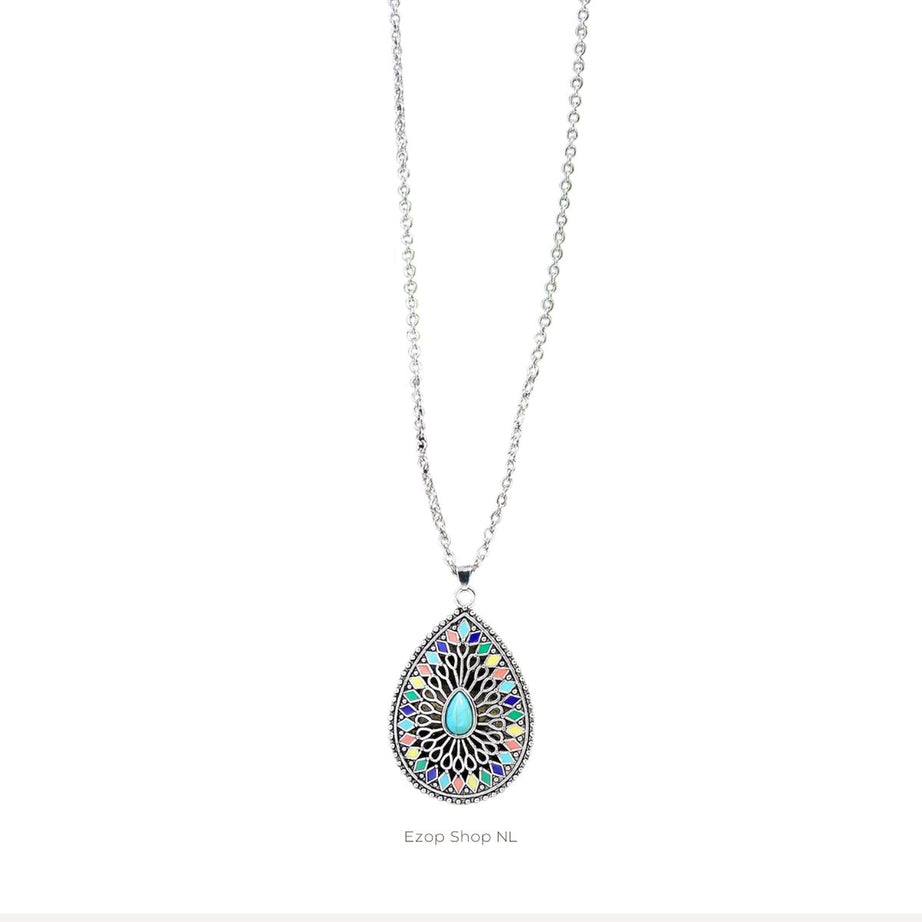 Unieke Bohemian Gekleurde Glazuur Ketting met Zilverkleurige Ketting van Takish Jewelry