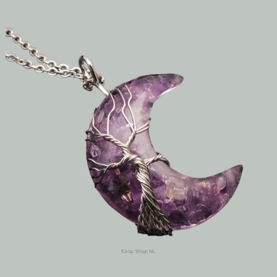 Amethist Kristallen Maanhanger met Levensboom - Bohemien Stijl Uniseks Ketting