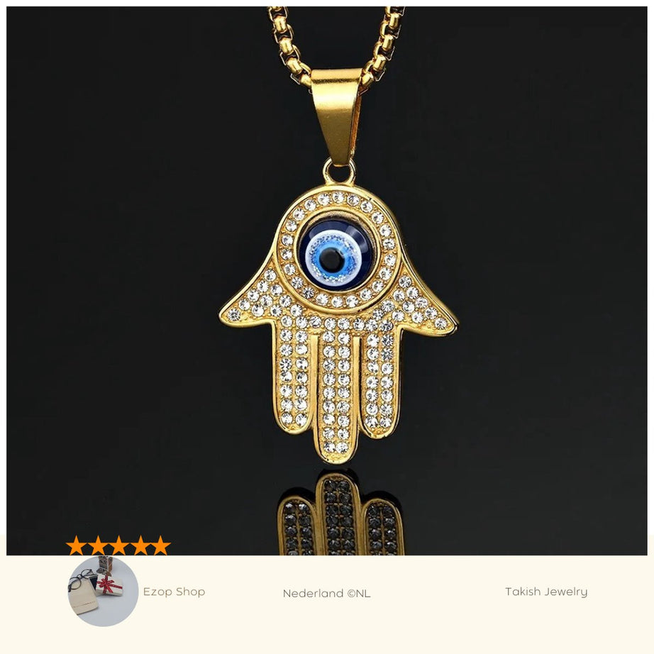 Fatima Hand Gods Eye Hanger Ketting Roestvrij Staal Trendy Mode voor Vrouwen, Zilver Goud Zwart, Hiphop Glamour Accessoires Sieraad Cadeau, Metaal GEOMETRISCHE Vorm, Mood Tracker, 60cm Kettinglengte