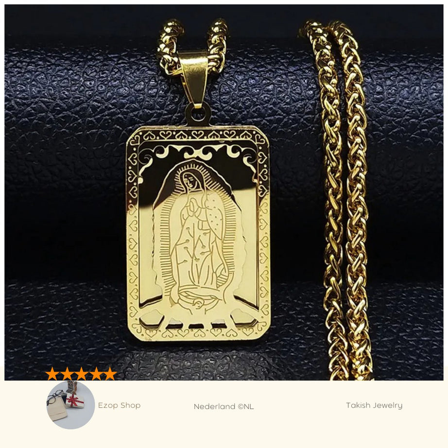 Hip Hop Gouden Medaille Virgin Mary Dubbellaagse Ketting, Roestvrijstalen Hanger, Unisex, Trendy Guadalupe Halsketting, 60cm, voor Feest/Anniversary, Takish Sieraden