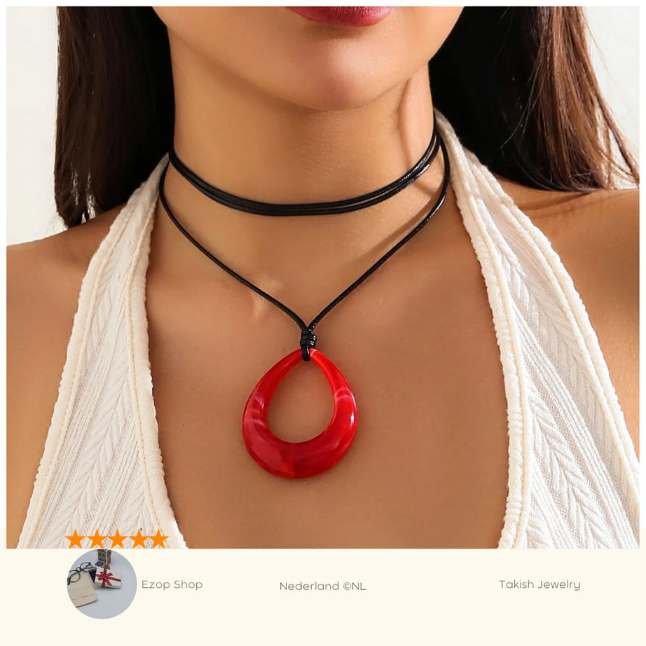 Rode Zwart Charme Touw Choker, Grote Holle Waterdruppel Hanger Ketting voor Vrouwen, Stijlvolle Collarbone Ketting, Modieuze Nek Sieraad, Cadeau voor Feest, Natuur Geïnspireerde Druppelvorm, Lichtgewicht en Comfortabel, Past Bij Elke Outfit