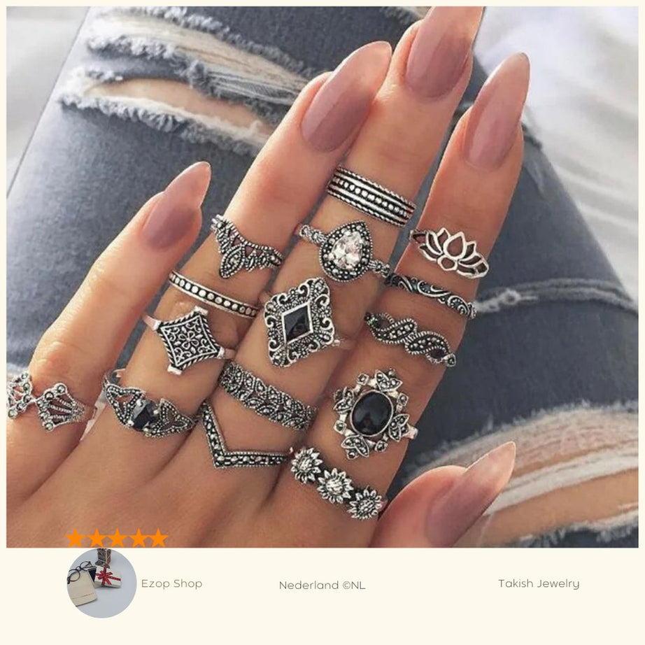 15-delige Retro Ringenset voor Vrouwen, Takish Jewelry Bohemian Stijl, Zilver Zwart Wit, Rhinestone Koper, Geometrisch Design, Comfort Fit, Veelzijdig, Stijlvol, Betaalbaar, Uniek Set