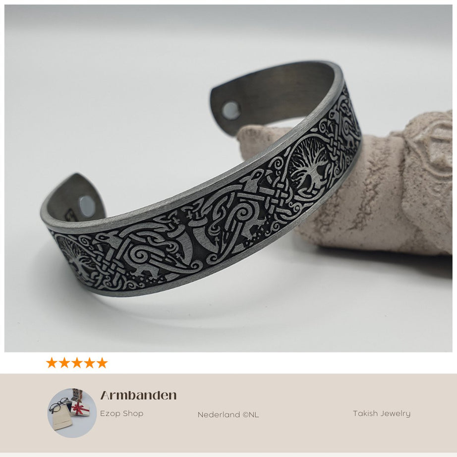 Keltische Viking en Feniks-Levensboom Armband van Roestvrij Staal - Verstelbaar - Vermindert Vermoeidheid en Spierspanning - Met Fluweelzakje - Voor Heren en Dames