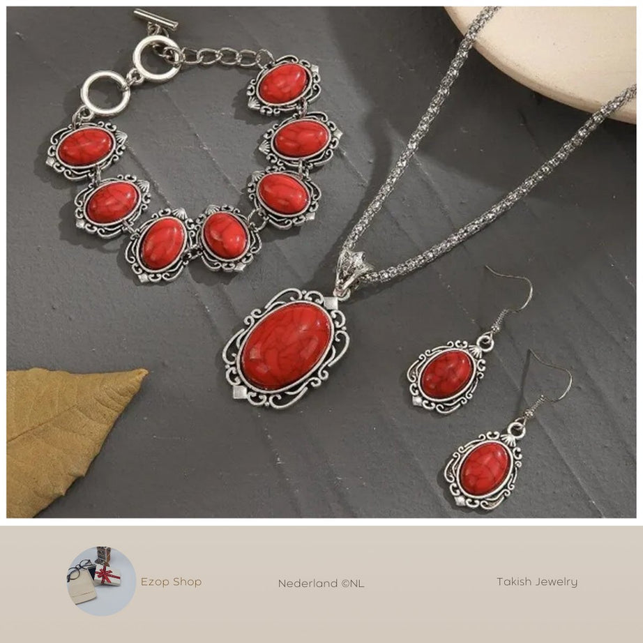 Elegante Rood Steen Sieradenset met Geometrische Patronen van Takish Jewelry