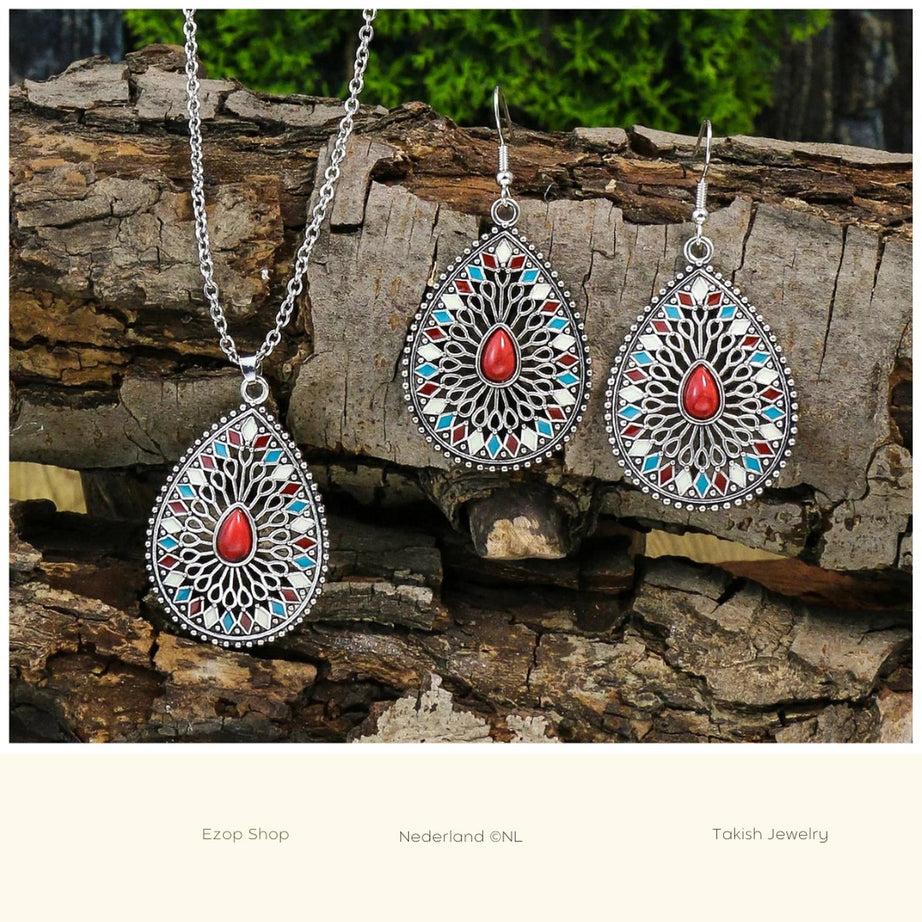 Bohemian Druppelvormige Gekleurde Glazuur Oorbellen en Korte Ketting Sieradenset van Takish Jewelry