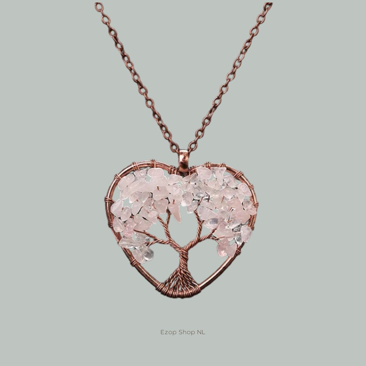 Roze Kristal Hartvormige Boom des Levens Ketting - Unieke Natuursteen Hanger