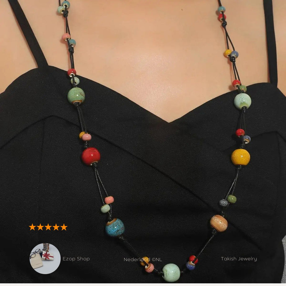 Multicolor Keramische Ballen Halsketting voor Vrouwen - Stijlvolle Flamenco Dans Lange Ketting, Comfortabele Pasvorm, Duurzaam en Kleurrijk Ontwerp