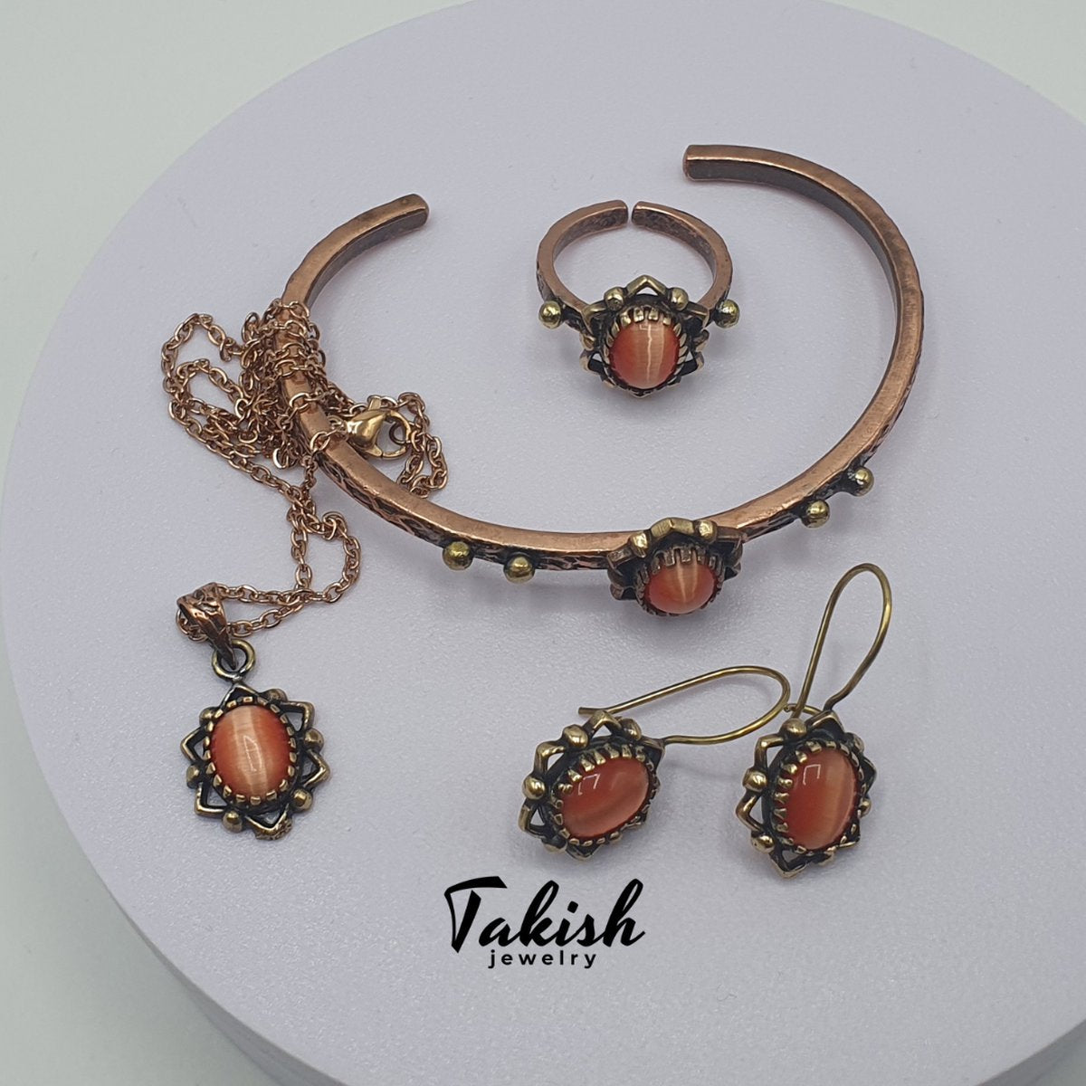 Sieraden geschenksets Handgemaakte Zuiver Koper Kattenoog Edelsteen, Vintage Oranje Ketting Armband Oorbellen Ring, Elegant Cadeau, Vakmanschap Stijl, Uniek Ontwerp