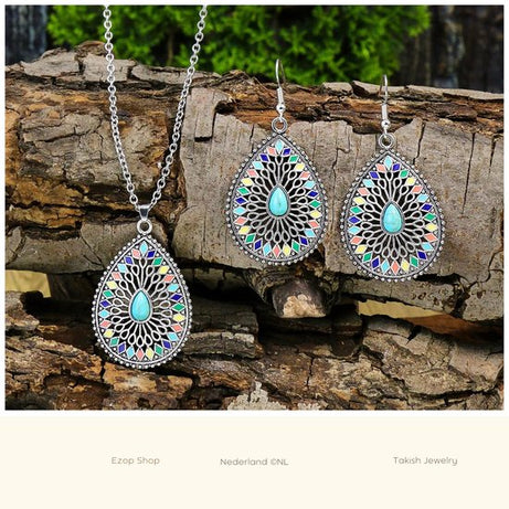 Bohemian Druppelvormige Gekleurde Glazuur Oorbellen en Korte Ketting Sieradenset van Takish Jewelry