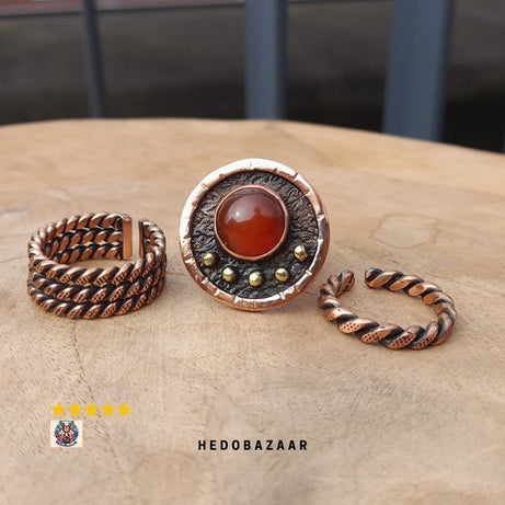 Ring Set van 3 met Robijnrode Agaatsteen en Gedraaide Ring in Viking-stijl