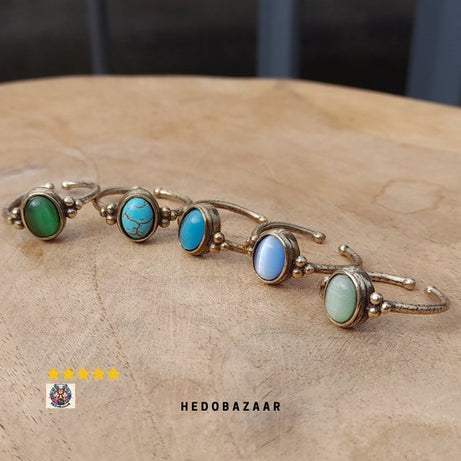 Ring Set van 5 met Blauw Agaat, Groen Agaat, Turkoois, Kattenoog Blauw en Kattenoog Groen