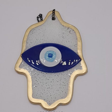 Handgemaakte Glazen Nazar Amulet - Unieke Bescherming tegen Negativiteit met Oogvormig Ontwerp in Blauw, Wit en Goud, 16cm