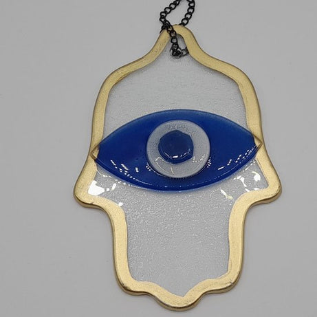 Handgemaakt Glazen Boze Oog Amulet met Ketting - Beschermend Ornament in Blauw, Wit & Goud, 16cm