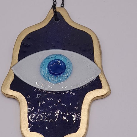 Artistiek Handgemaakt Glazen Boze Oog-Hand Ornament met Ketting - Bescherming & Elegantie in Blauw, Wit & Goud, 16cm